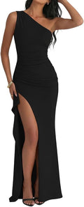 One-Shoulder High-Slit Ruched Bodycon Maxi Dress in Black