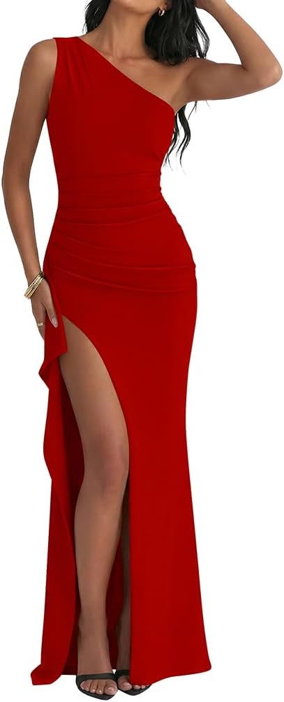 One-Shoulder High-Slit Ruched Bodycon Maxi Dress in Red
