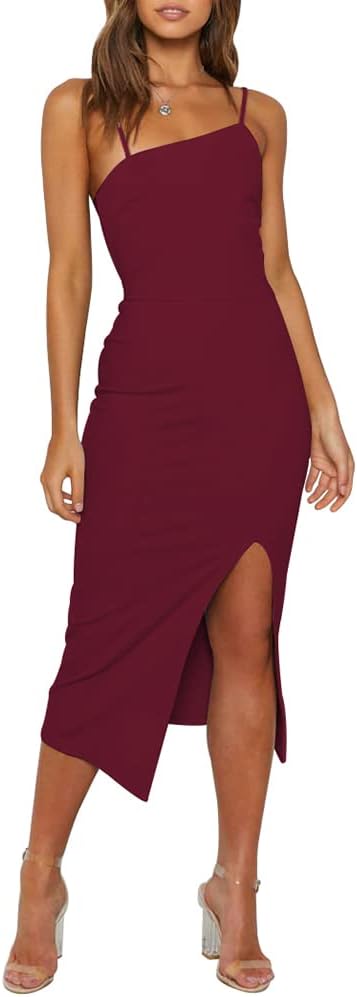 Asymmetric-Neck Spaghetti-Strap Bodycon Midi Dress in Burgundy