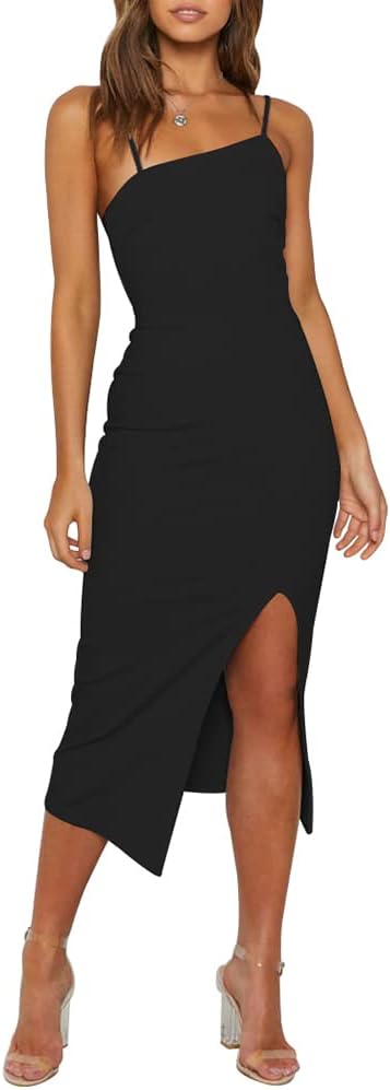 Asymmetric-Neck Spaghetti-Strap Bodycon Midi Dress in Black
