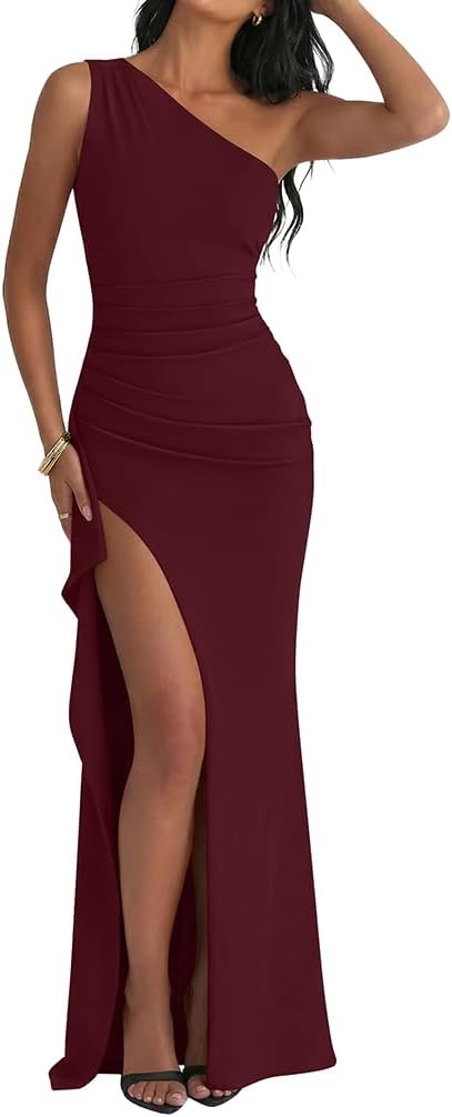 One-Shoulder High-Slit Ruched Bodycon Maxi Dress in Wine Red