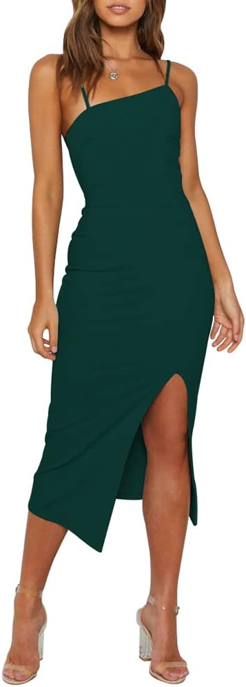 Asymmetric-Neck Spaghetti-Strap Bodycon Midi Dress in Dark Green