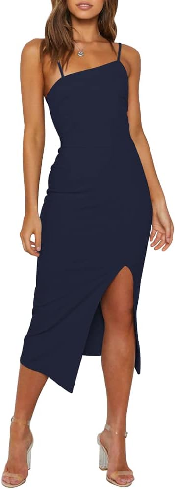 Asymmetric-Neck Spaghetti-Strap Bodycon Midi Dress in Navy Blue