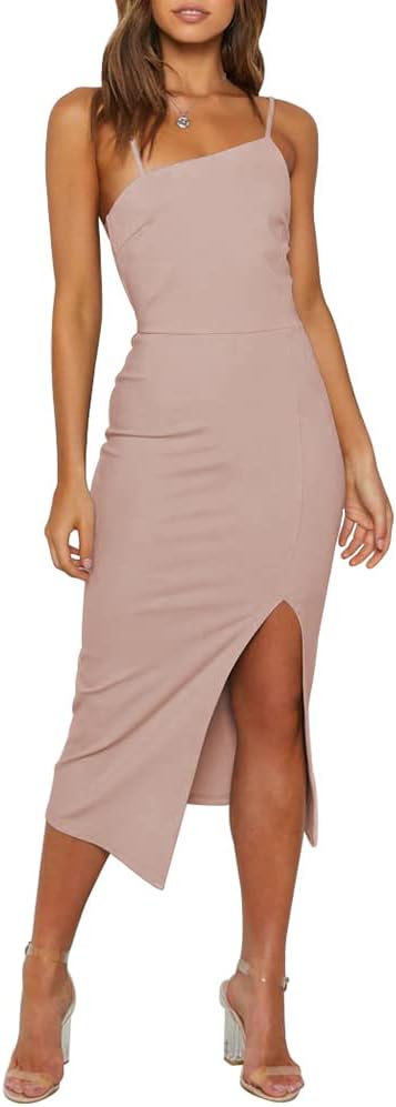 Asymmetric-Neck Spaghetti-Strap Bodycon Midi Dress in Pink