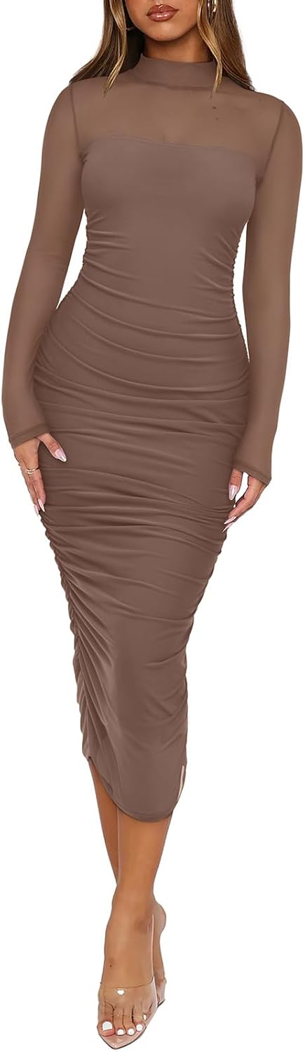 Sheer Mesh Mock-Neck Long-Sleeve Ruched Midi Dress in Latte