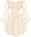 Off-Shoulder Bell-Sleeve Renaissance Dress with Pockets in Beige
