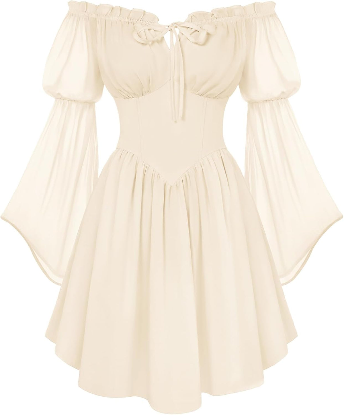 Off-Shoulder Bell-Sleeve Renaissance Dress with Pockets in Beige