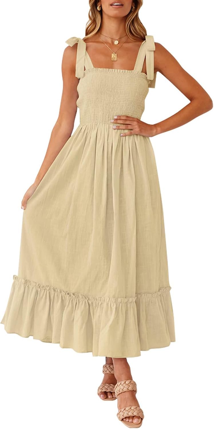 Ruffled Spaghetti-Strap Square-Neck Maxi Dress in Light Yellow