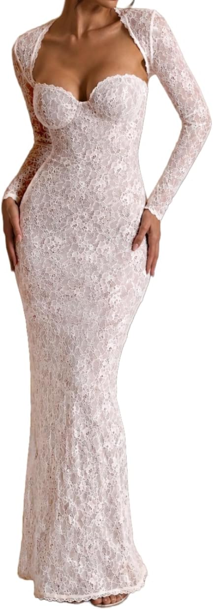 Lace Long-Sleeve Bodycon Maxi Dress in White