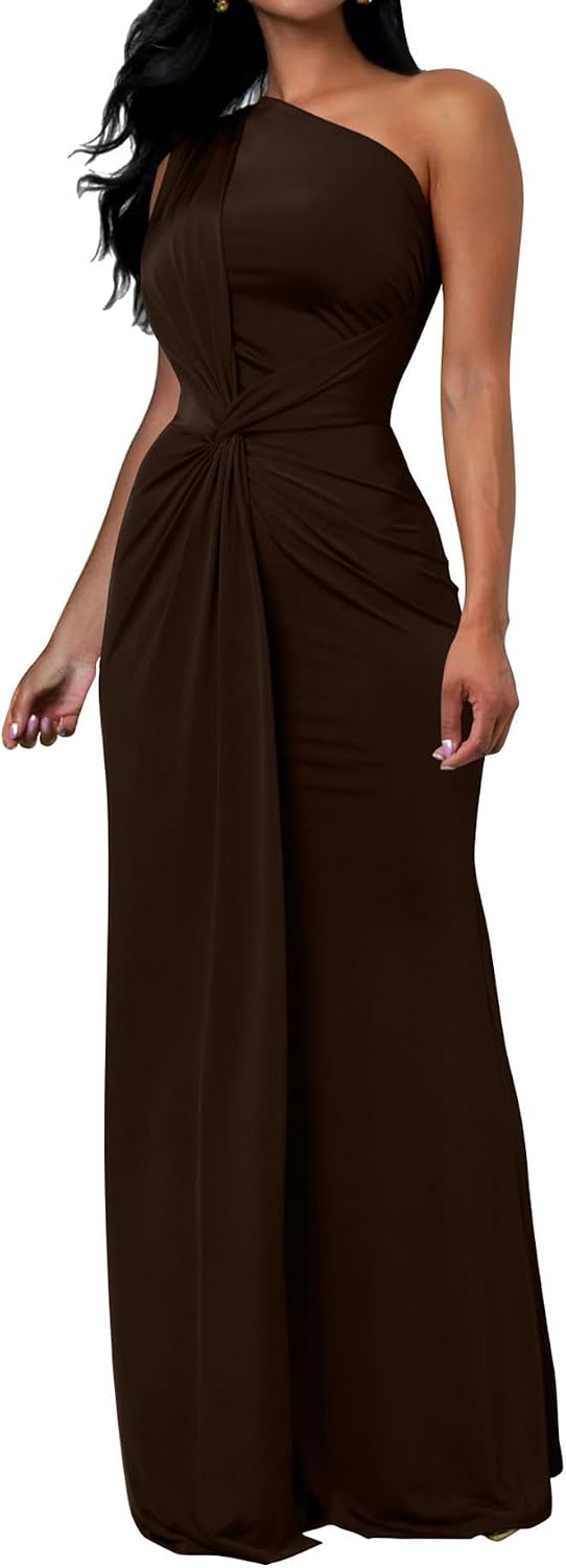 One-Shoulder Sleeveless Bodycon Maxi Dress in Brown