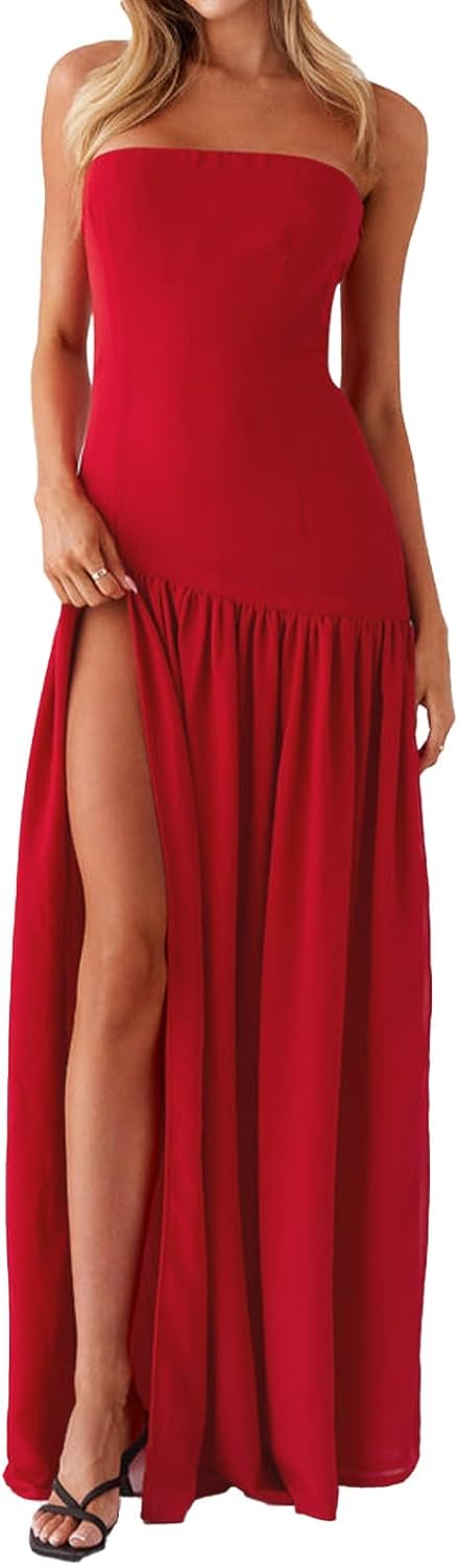Tiger-Stripe Mesh Strapless Maxi Dress with Slit in Red