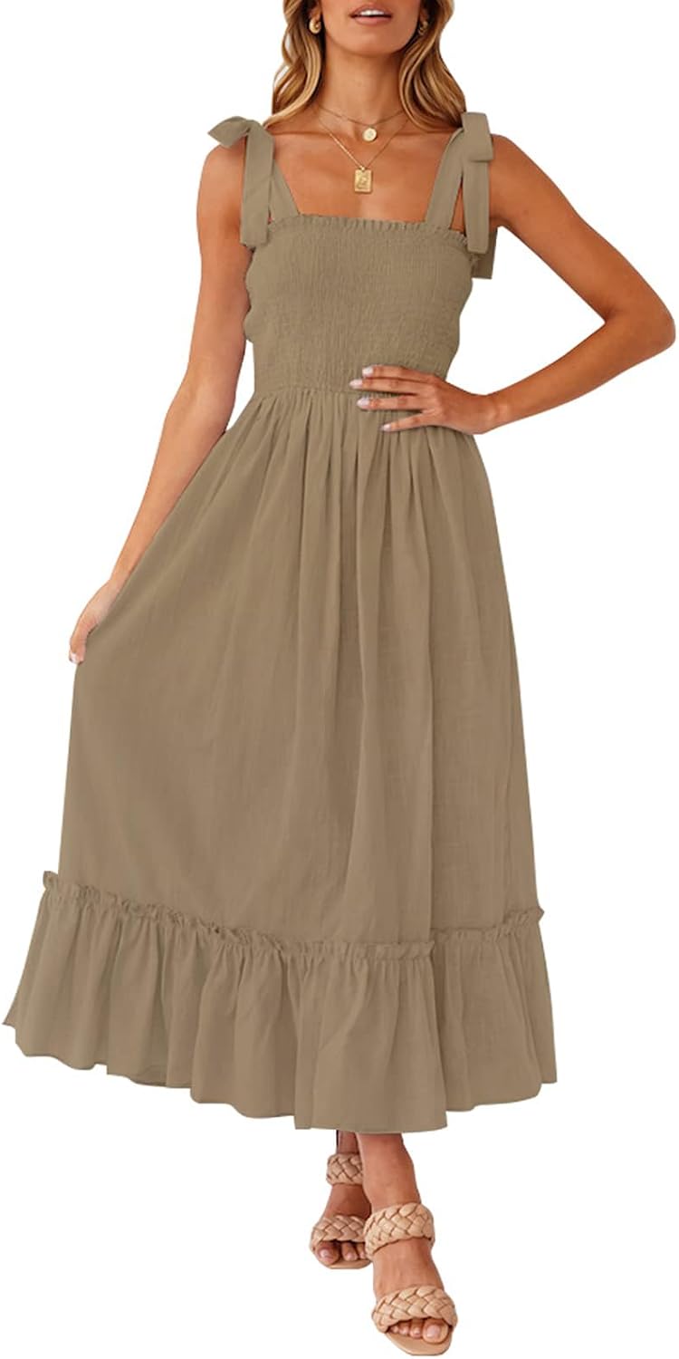 Ruffled Spaghetti-Strap Square-Neck Maxi Dress in Khaki
