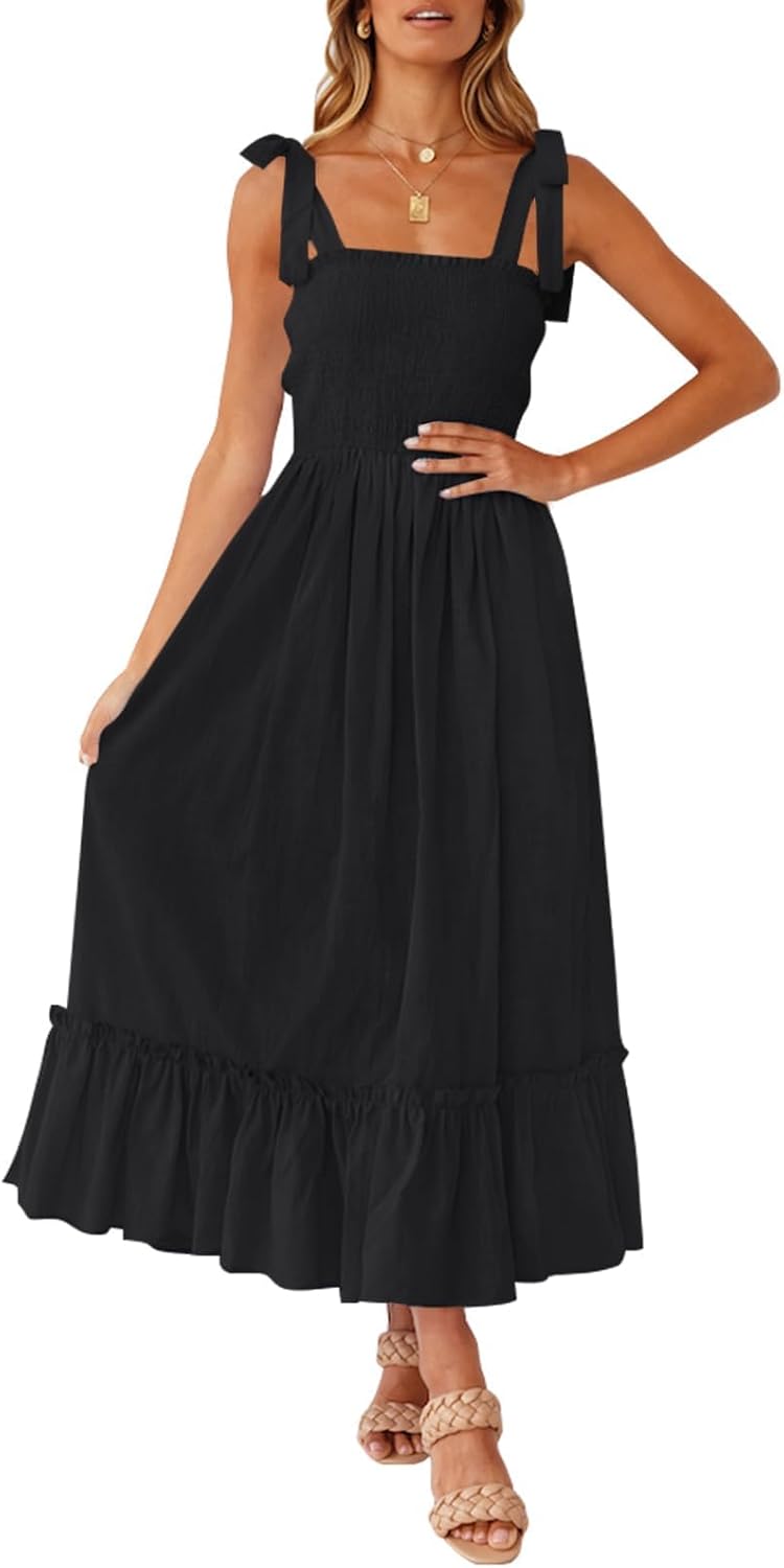 Ruffled Spaghetti-Strap Square-Neck Maxi Dress in Black