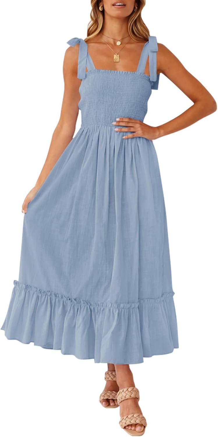 Ruffled Spaghetti-Strap Square-Neck Maxi Dress in Blue