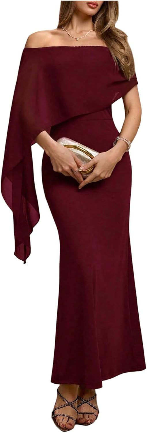 Off-Shoulder Chiffon Cape Maxi Dress in Burgundy