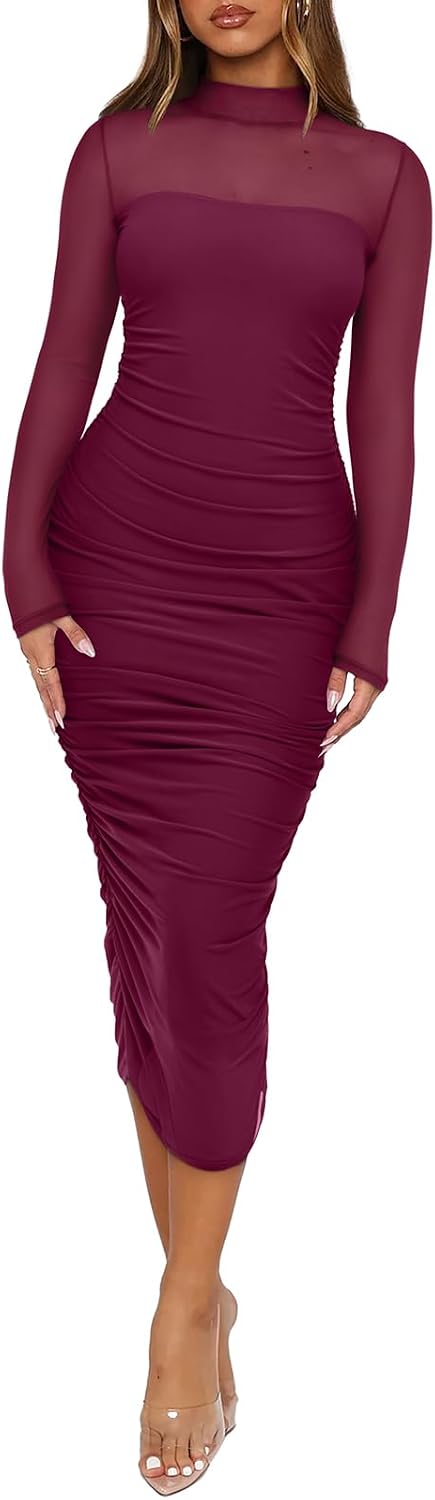 Sheer Mesh Mock-Neck Long-Sleeve Ruched Midi Dress in Wine Red