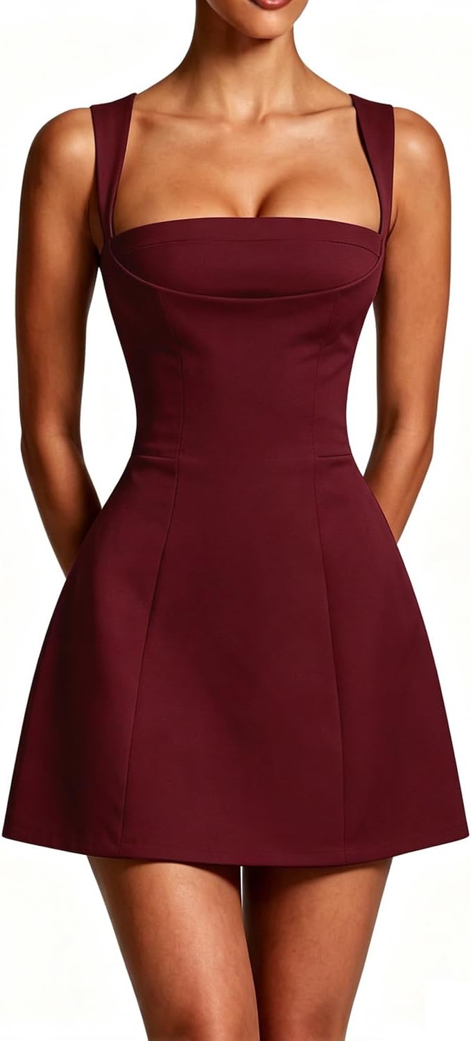 Square-Neck Corset A-Line Mini Dress in Burgundy