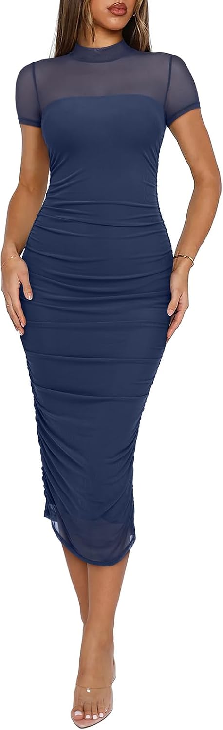 Sheer Mesh Mock-Neck Long-Sleeve Ruched Midi Dress in Short Sleeve Starry Sky Blue