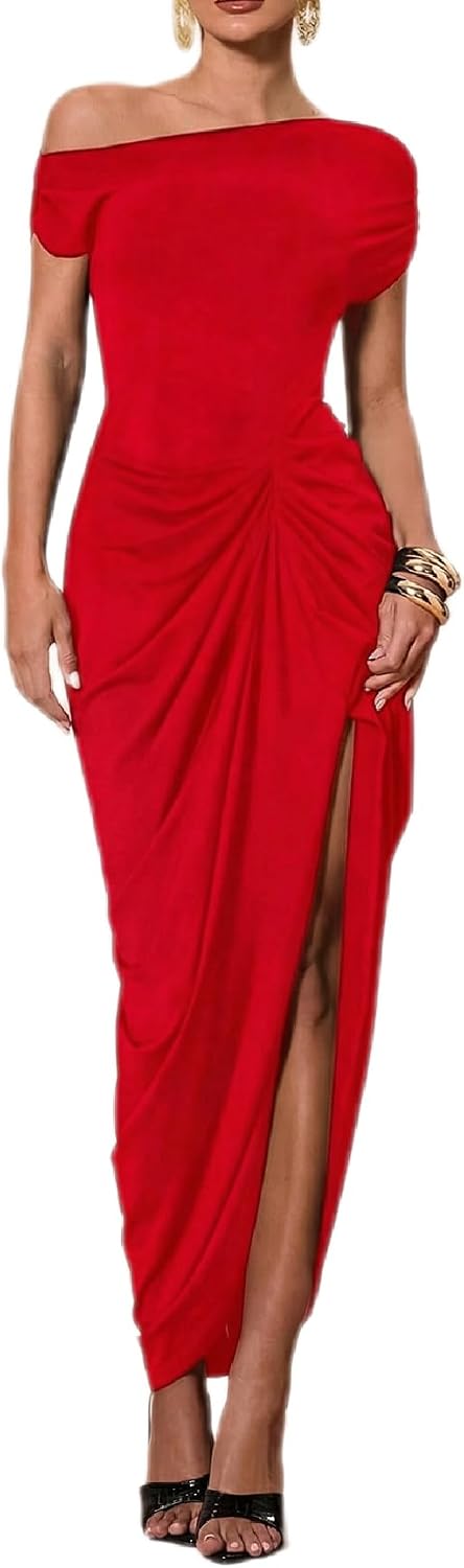 Asymmetric Off-Shoulder Ruched Bodycon Maxi Dress with Slit in Hot Red