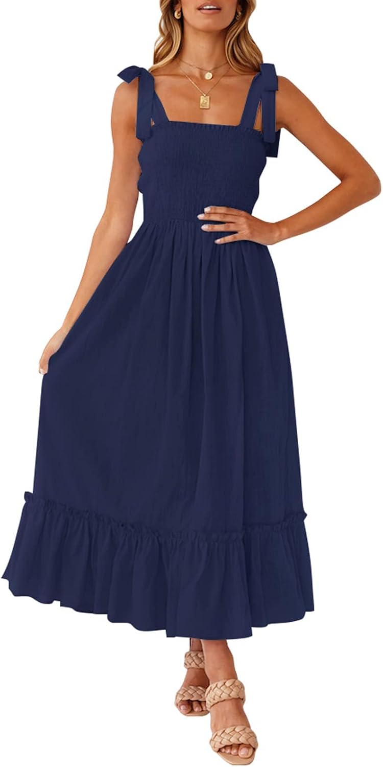 Ruffled Spaghetti-Strap Square-Neck Maxi Dress in Navy