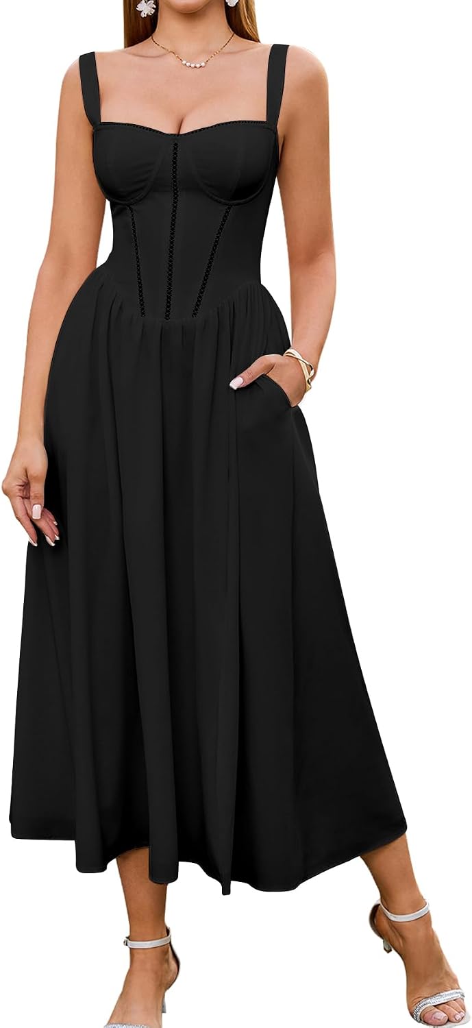 Floral Corset Midi Dress with Slit and Pockets in Black