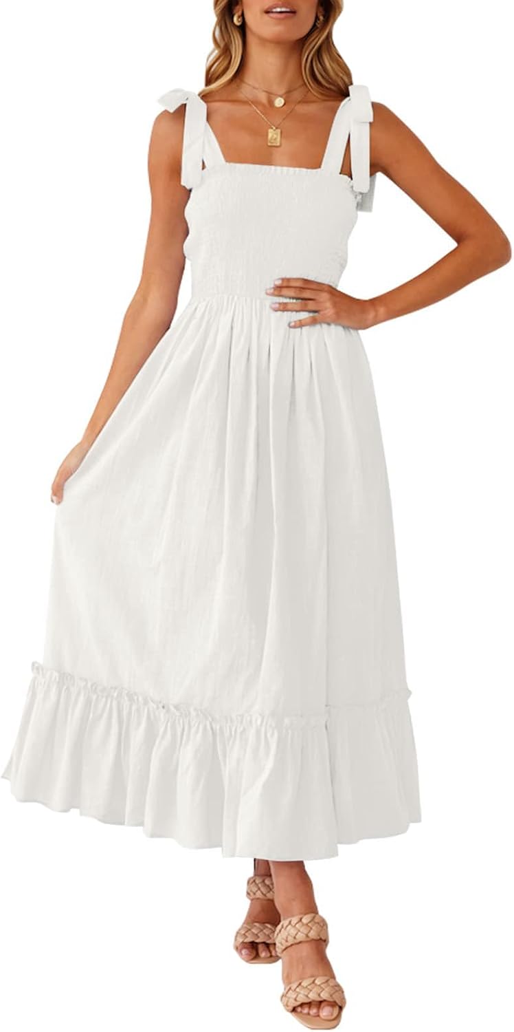 Ruffled Spaghetti-Strap Square-Neck Maxi Dress in White