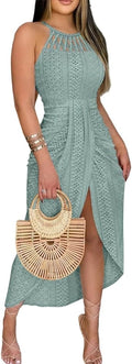 Eyelet Halter Criss-Cross Maxi Dress with Slit in Green