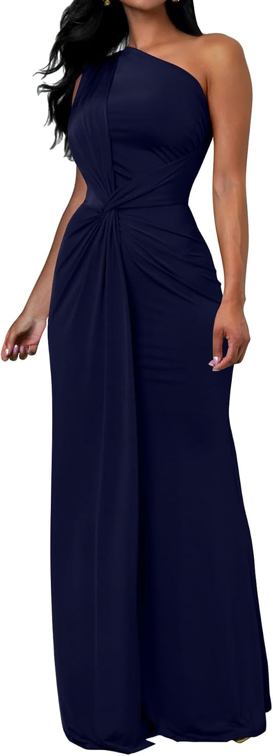 One-Shoulder Sleeveless Bodycon Maxi Dress in Navy Blue