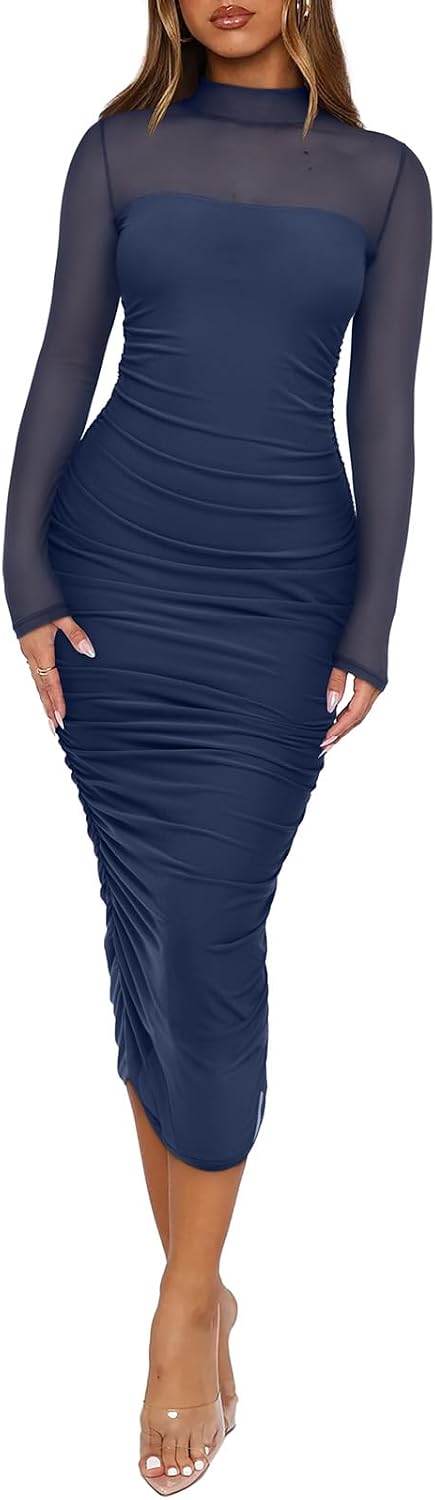 Sheer Mesh Mock-Neck Long-Sleeve Ruched Midi Dress in Starry Sky Blue