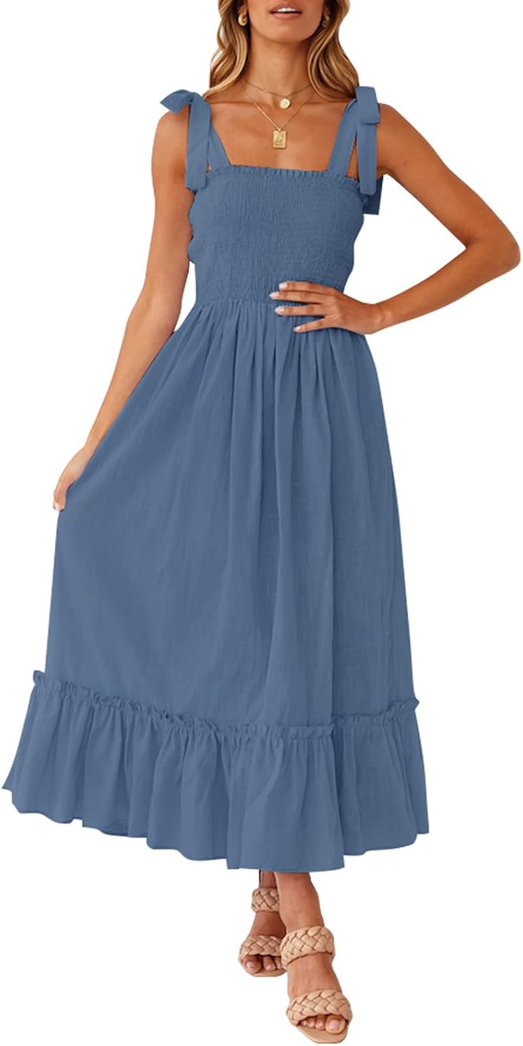 Ruffled Spaghetti-Strap Square-Neck Maxi Dress in Dusty Blue