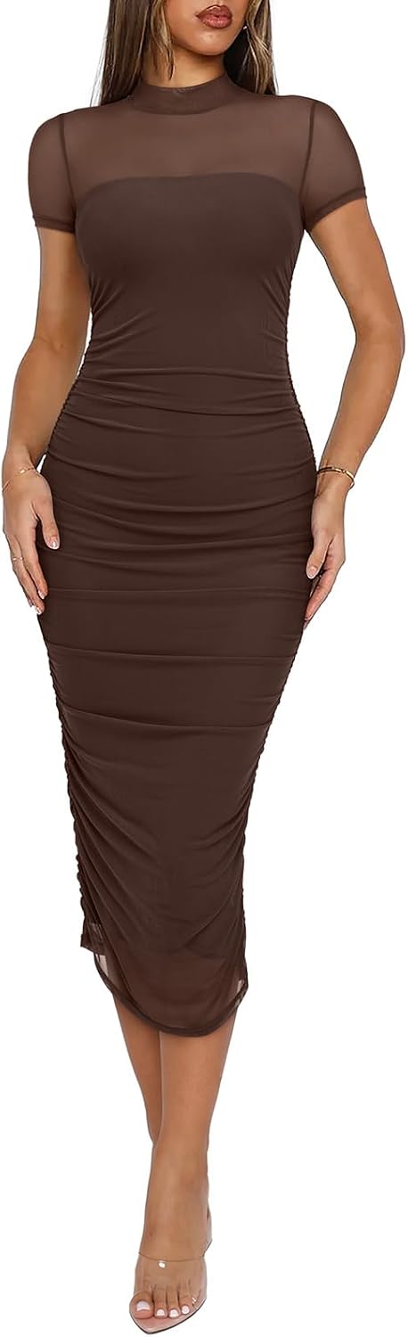 Sheer Mesh Mock-Neck Long-Sleeve Ruched Midi Dress in Short Sleeve Chocolate