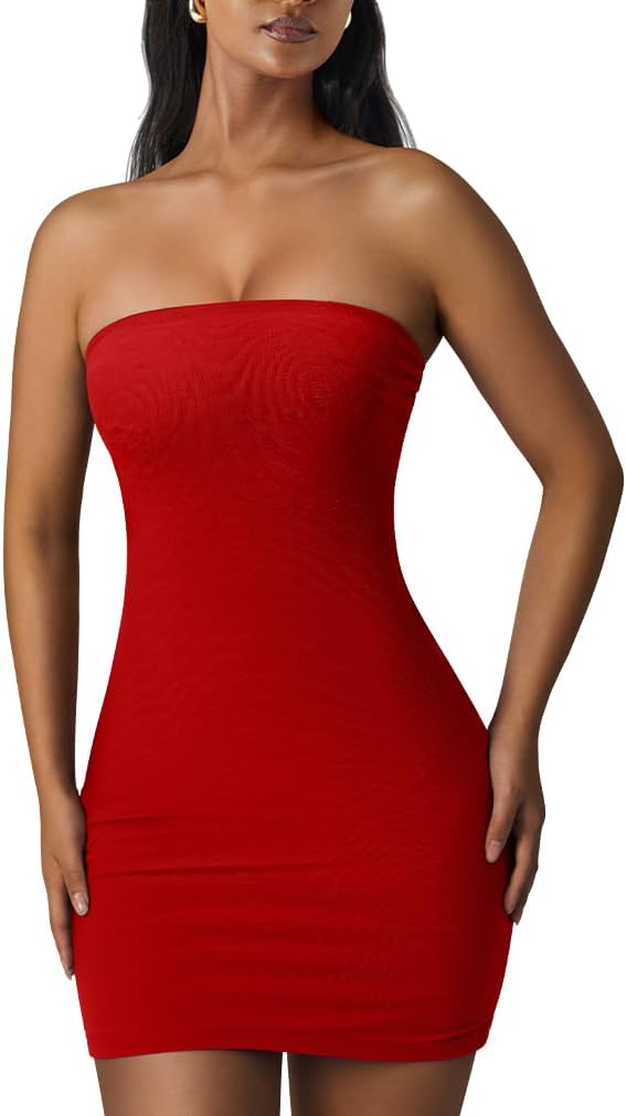 Strapless Mesh Tube Bodycon Mini Dress in Red