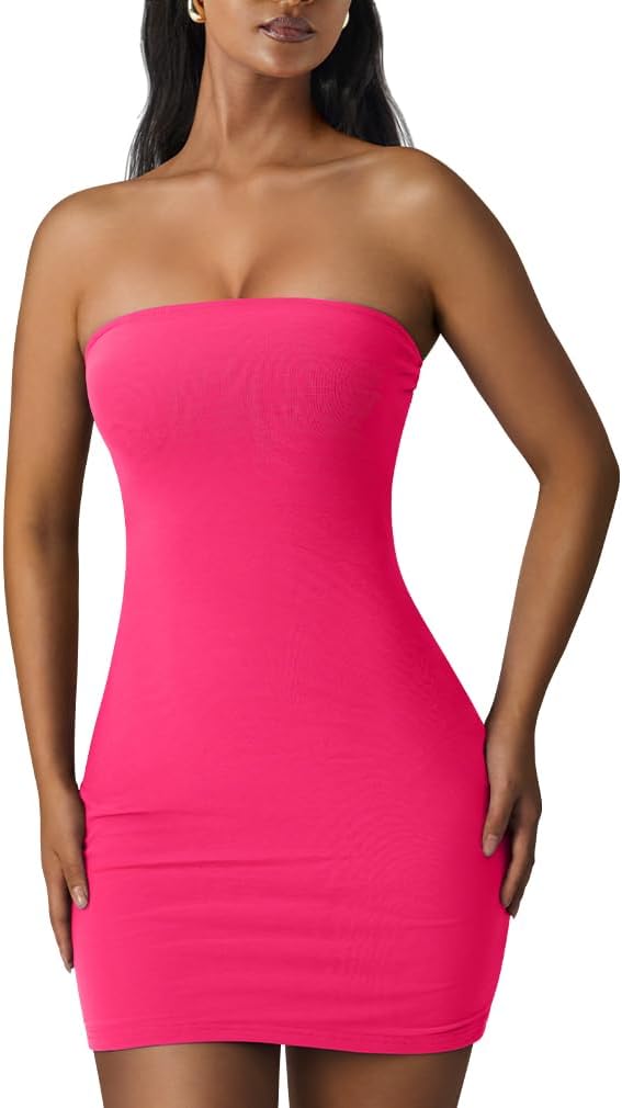Strapless Mesh Tube Bodycon Mini Dress in Fluorescent Pink