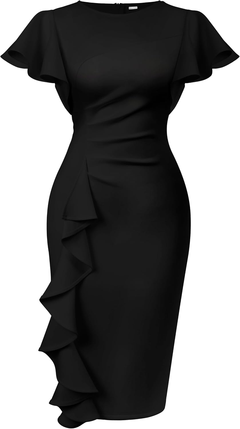 Ruffle-Sleeve Ruched Sheath Midi Dress in Black