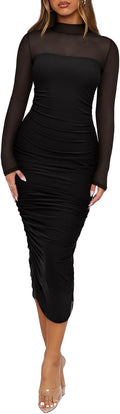 Sheer Mesh Mock-Neck Long-Sleeve Ruched Midi Dress in Black