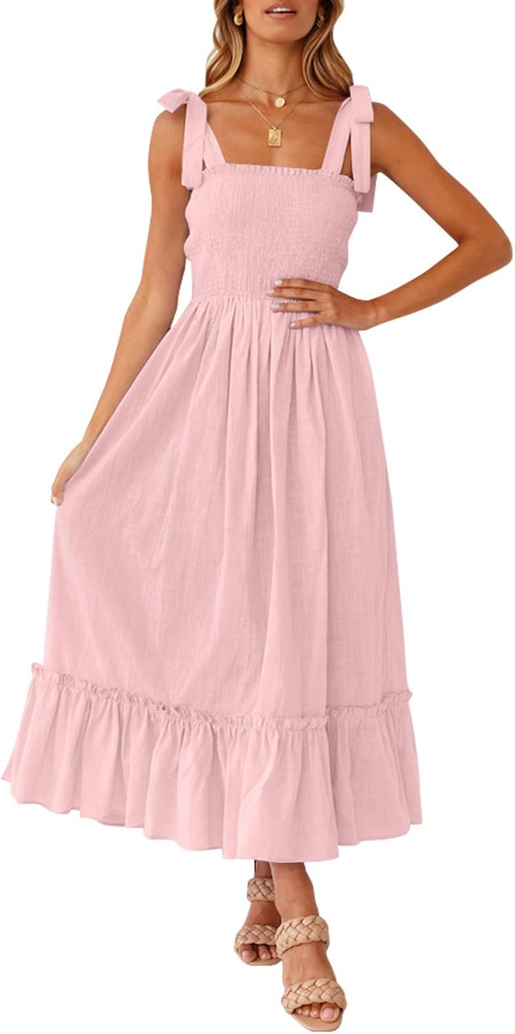 Ruffled Spaghetti-Strap Square-Neck Maxi Dress in Pink