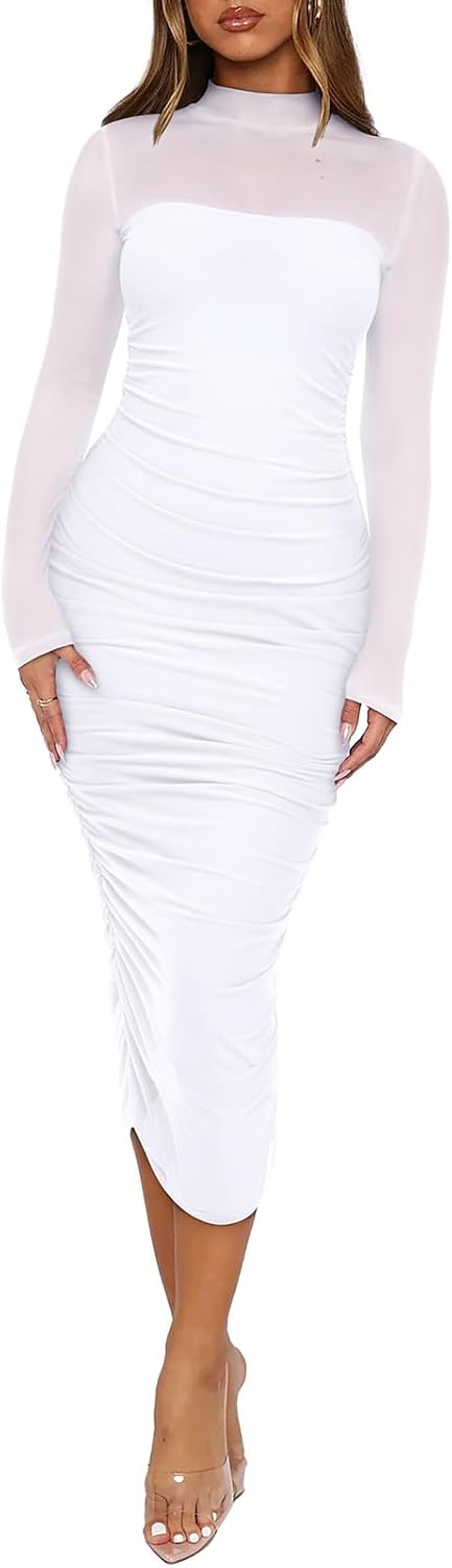 Sheer Mesh Mock-Neck Long-Sleeve Ruched Midi Dress in White