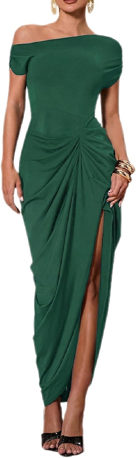 Asymmetric Off-Shoulder Ruched Bodycon Maxi Dress with Slit in Dark Green
