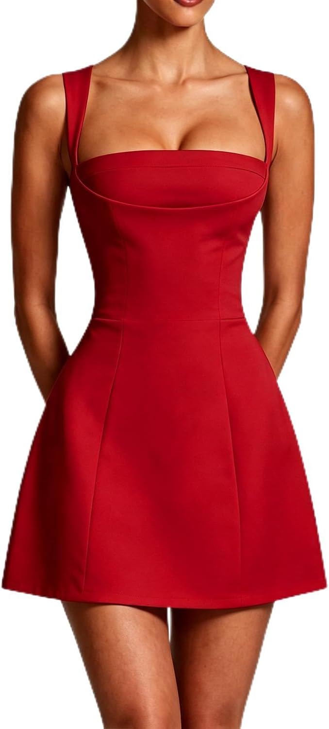 Square-Neck Corset A-Line Mini Dress in Red