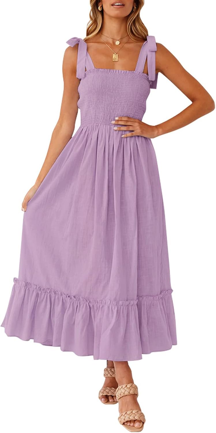 Ruffled Spaghetti-Strap Square-Neck Maxi Dress in Lavender