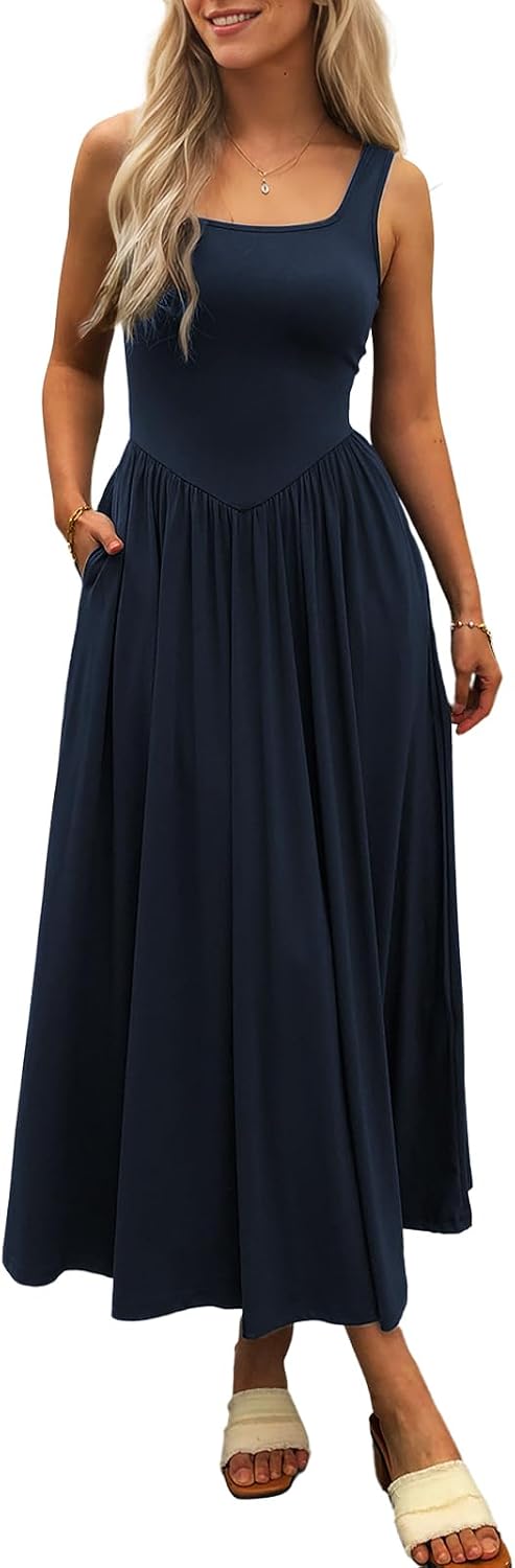 Square-Neck Sleeveless Maxi Sundress with Pockets in Navy