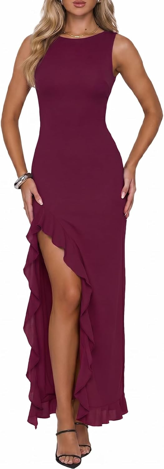 Ruffled Mesh Mermaid Maxi Dress with High Slit in Burgundy