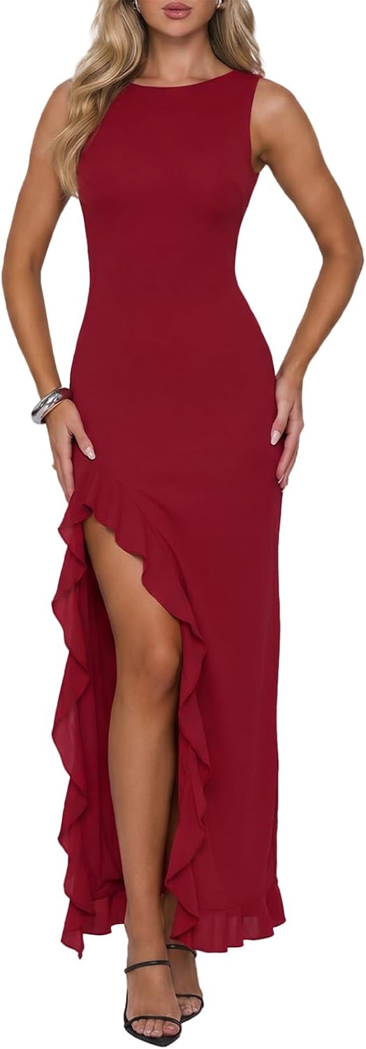 Ruffled Mesh Mermaid Maxi Dress with High Slit in Red