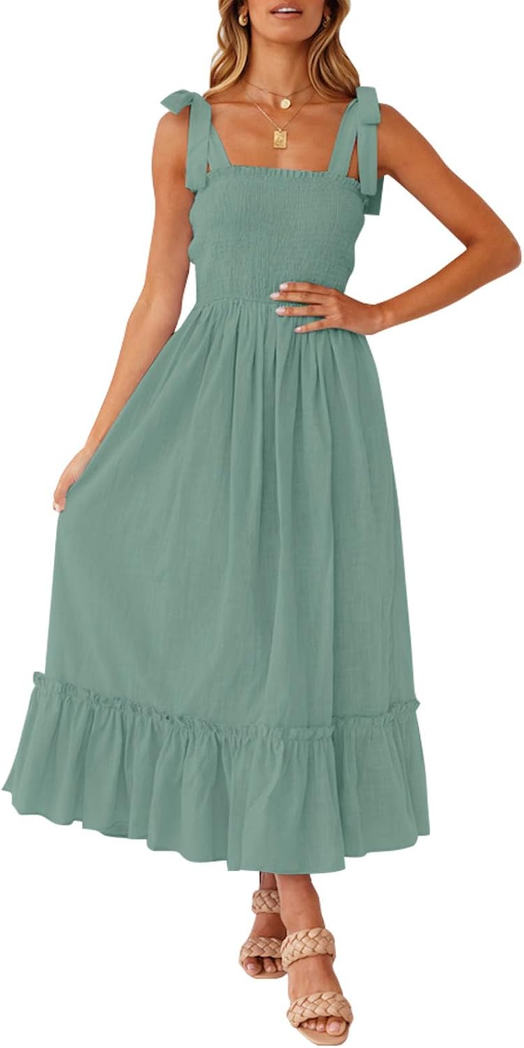 Ruffled Spaghetti-Strap Square-Neck Maxi Dress in Green