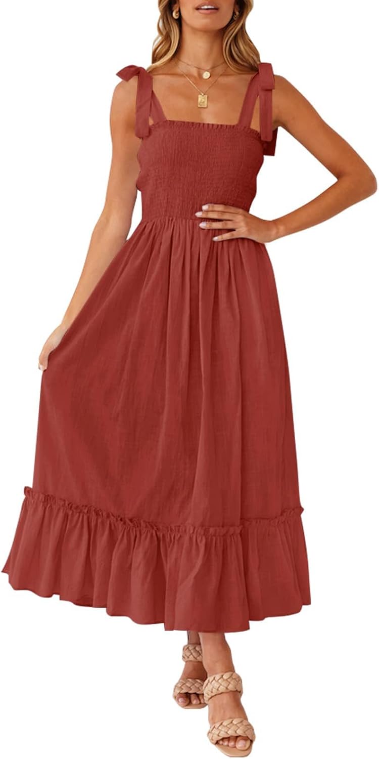 Ruffled Spaghetti-Strap Square-Neck Maxi Dress in Rust