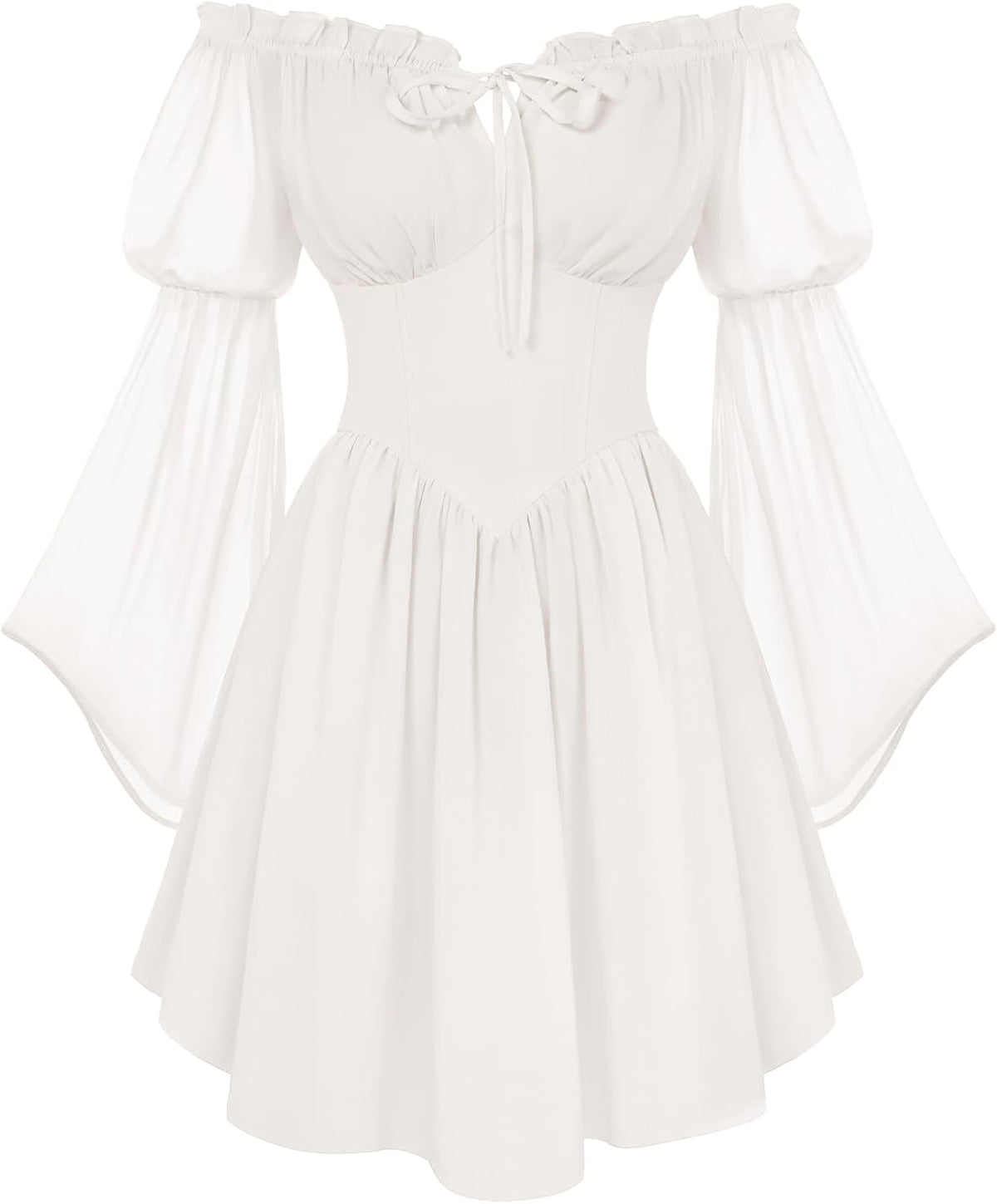 Off-Shoulder Bell-Sleeve Renaissance Dress with Pockets in White