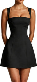 Square-Neck Corset A-Line Mini Dress in Black