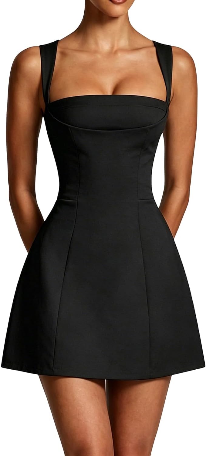 Square-Neck Corset A-Line Mini Dress in Black