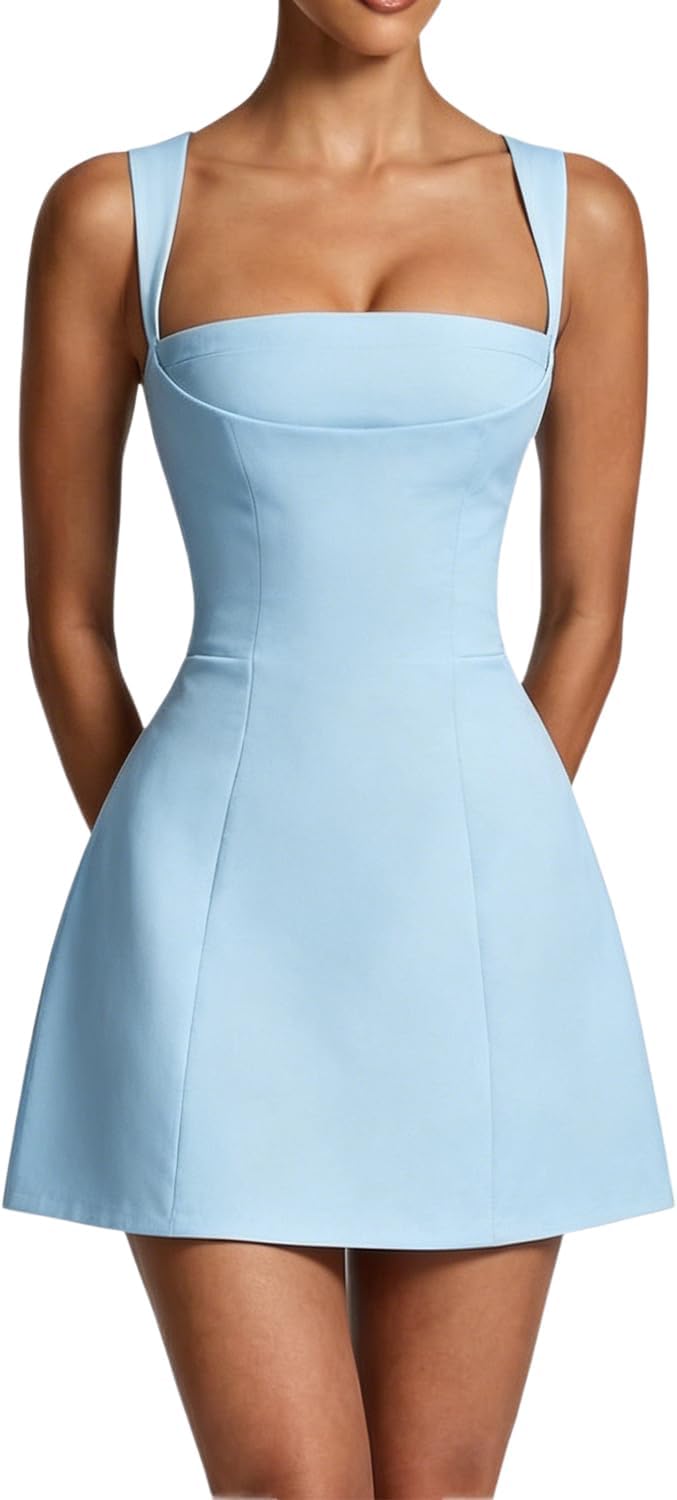 Square-Neck Corset A-Line Mini Dress in Blue