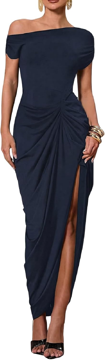 Asymmetric Off-Shoulder Ruched Bodycon Maxi Dress with Slit in Dark Blue
